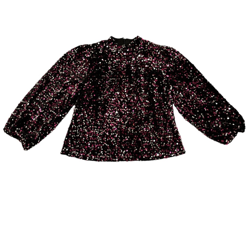 Nanette Lepore Festive Velvety Pink Sequin Mock Neck Balloon Sleeve Party Top